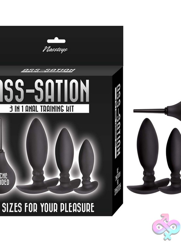Discreet-Toys-Ass-Sation-3-In-1-Training-Kit-Nu-Nw3229 Three Graduated Black Silicone Butt Plugs With Douche From Nasstoys Ass-Sation 3-In-1 Training Kit