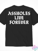 Black cotton statement graphic tee with bold printed text by Assholes Live Forever