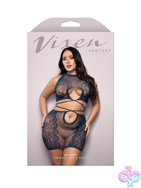 Discreet-Toys-At-Last-Tie-Back-Top-Skirt-Queen-Size-Nu-V818-Qs-B Navy Floral Lace Tie-Back Top And Skirt Set In Queen Size On A Model, Shown From The Front