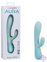Aura Dual Ripple mini rabbit vibrator in blue silicone by California Exotic Novelties