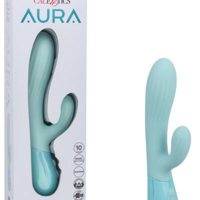 Aura Dual Ripple mini rabbit vibrator in blue silicone by California Exotic Novelties
