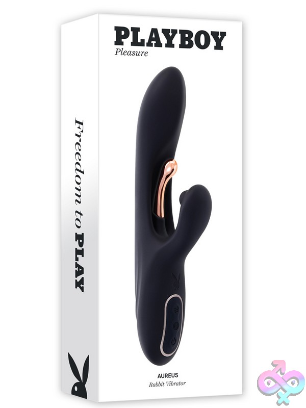 Discreet-Toys-Aureus-Nu-Pb-Rs-5919-2 Aureus Dual Stimulation Rabbit Vibrator In Black With Rose Gold Tickler By Playboy Pleasure