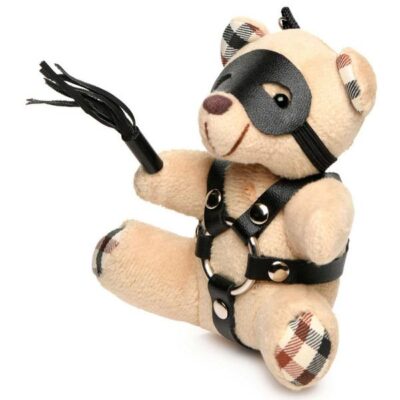BDSM Teddy Bear Keychain by XR Brands — plush bondage bear with faux leather harness and mini flogger