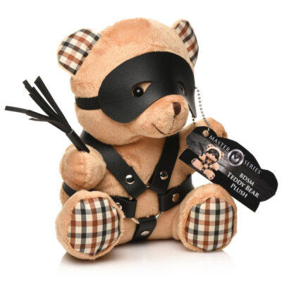 BDSM Teddy Bear Plush with faux leather harness and mini flogger by XR Brands