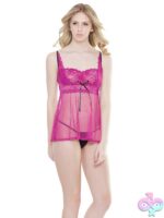 Magenta and black dot mesh babydoll and g-string set with scallop lace trim by Coquette Lingerie