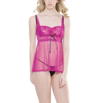 Magenta and black dot mesh babydoll and g-string set with scallop lace trim by Coquette Lingerie