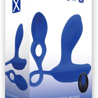 Wearable dual stimulation vibrator with remote in blue silicone by Gender X