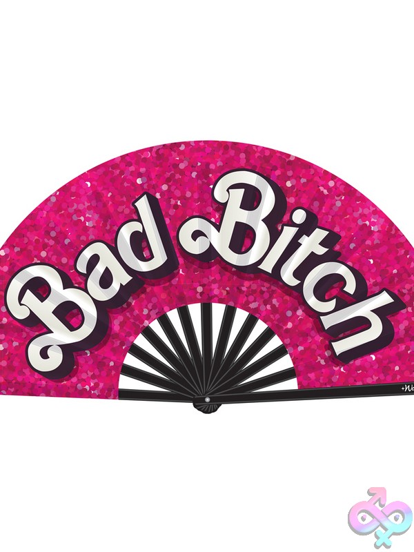 Discreet-Toys-Bad-Bitch-Fan-Nu-Fan-004 Large Pink Satin Folding Hand Fan With Bad Bitch Graphic And Bamboo Ribs By Wood Rocket