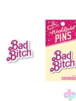 Purple metal enamel lapel pin with pink glitter lettering by Wood Rocket