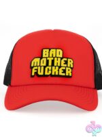 Red puffy foam-print adjustable snapback trucker hat by Wood Rocket