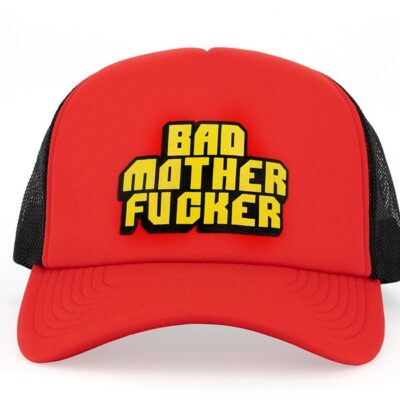 Red puffy foam-print adjustable snapback trucker hat by Wood Rocket