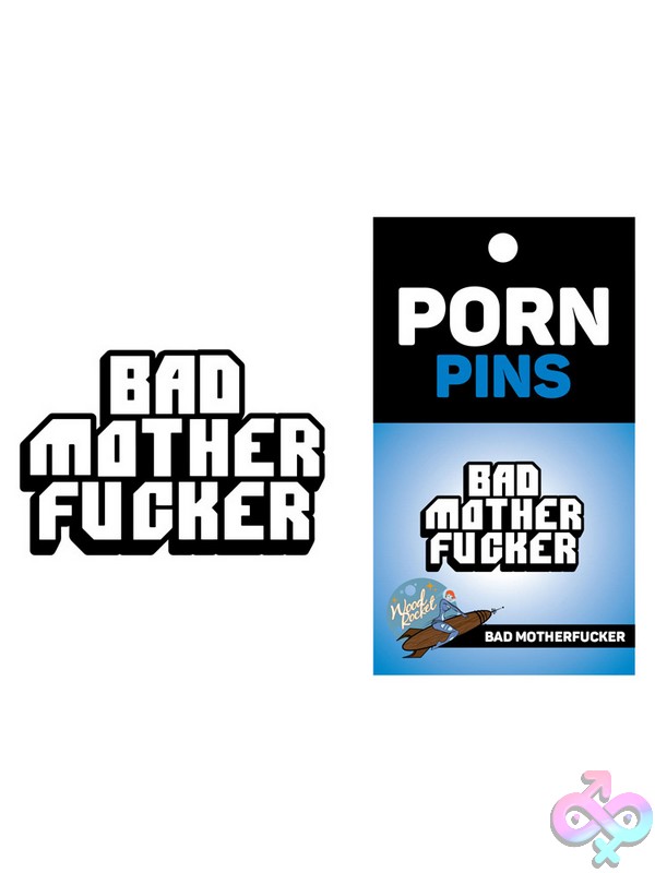 Discreet-Toys-Bad-Mother-Fucker-Pin-Nu-Epp-011 White Soft Enamel Bad Mother Fucker Lapel Pin On Metal Backing By Wood Rocket