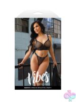 Black mesh longline bralette and panty set with silver metallic Baddie elastic waistband on white background