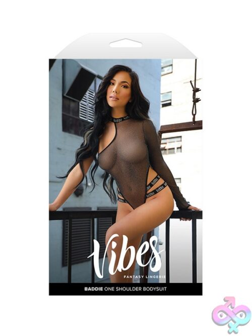 Baddie Glitter Mesh One-Shoulder Bodysuit With Silver Metallic Elastic Waistband And Snap Closure