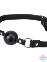 Black vegan leather ball gag with locking buckle and adjustable straps by Doc Johnson