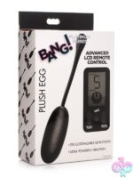 Plus-sized plush silicone vibrating egg in black with LCD digital remote by Bang!