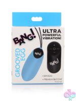 Grooved blue silicone egg vibrator with wireless remote by Bang!