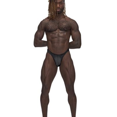 Male Power Barely There Bong Thong in black with contoured pouch and T-back detail