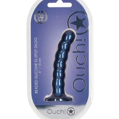 5-inch beaded silicone G-spot dildo with suction cup base in metallic blue and purple