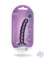 5-inch beaded silicone G-spot dildo with suction cup base in metallic blue and purple