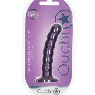 5-inch beaded silicone G-spot dildo with suction cup base in metallic blue and purple