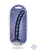 8 inch beaded metallic silicone G-spot dildo with suction cup base shown in blue and purple