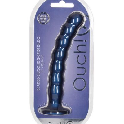 8 inch beaded metallic silicone G-spot dildo with suction cup base shown in blue and purple