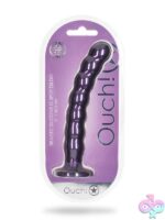 8 inch beaded metallic silicone G-spot dildo with suction cup base shown in blue and purple