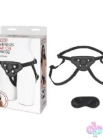 Adjustable black rubber beginners strap-on harness with dildo by Lux Fetish