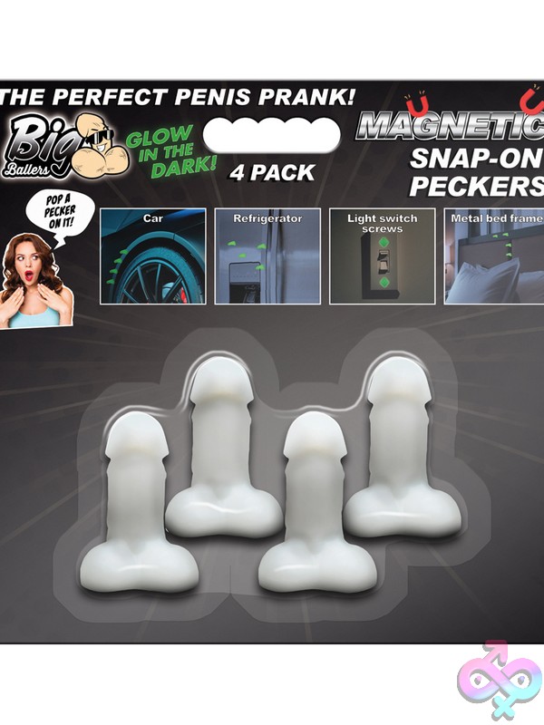 Discreet-Toys-Big-Ballers-Glow-In-The-Dark-Magnetic-Snap-On-Peckers-4-Pk-Nu-Xr-Ah497 Four Green Glow-In-The-Dark Magnetic Novelty Peckers Standing Upright By Xr - Big Ballers