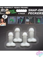 Four green glow-in-the-dark snap-on mini peckers in silicone by Xr Big Ballers standing upright on a dark surface