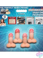 Four beige silicone magnetic snap-on novelty peckers standing upright on metal surface by Xr Big Ballers