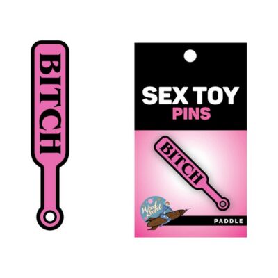 Pink soft enamel paddle lapel pin with black text by Wood Rocket