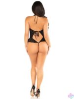 Black Floral Lace Halter Bodysuit with Mini Bow - and Flutter Accent - Image 2