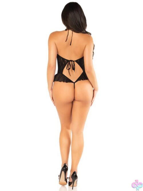 Black Floral Lace Halter Bodysuit With Mini Bow - And Flutter Accent - Image 2