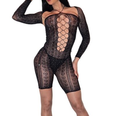 lace romper with sleeves Black Pearl Intimates 2-piece bling heart rhinestone black
