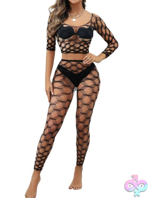 Black Pearl 2-Piece Hexagon Lace Crop Top With Leggings Black - Image 2