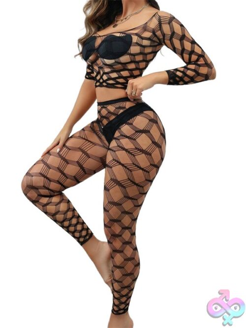 Black Pearl 2-Piece Hexagon Lace Crop Top With Leggings Black - Image 3