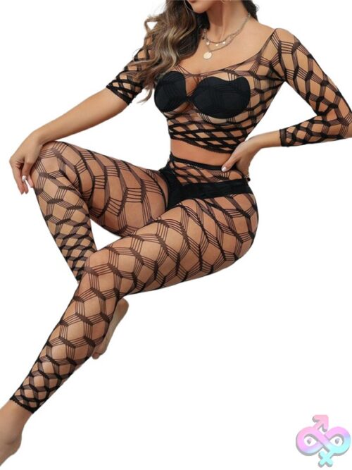 Black Pearl 2-Piece Hexagon Lace Crop Top With Leggings Black - Image 4