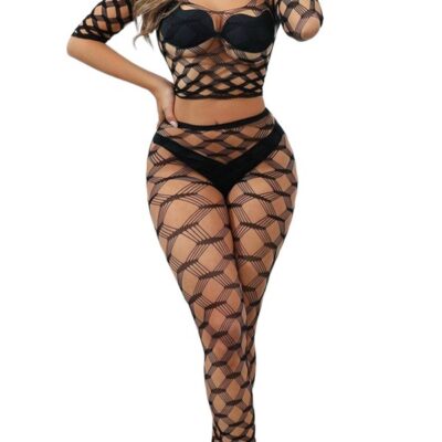 Hexagon lace crop top with matching black leggings by Black Pearl Intimates