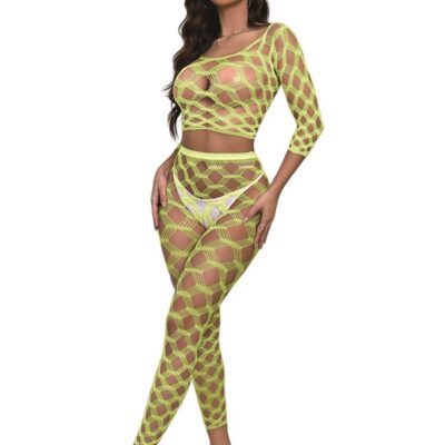 Neon Yellow Lace Two-Piece Black Pearl 2-Piece Hexagon Lace Crop Top With Leggings by Black Pearl Intimates