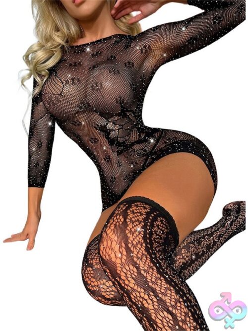 Black Pearl Bling Fishnet Long Sleeve Dress With Thigh Highs Black - Image 2