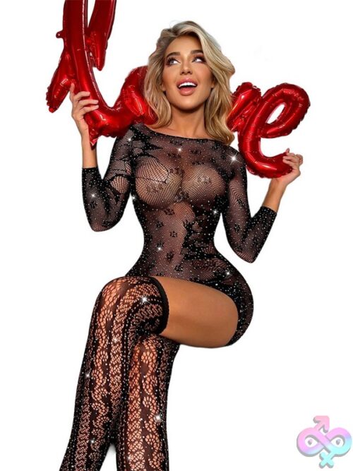 Black Pearl Bling Fishnet Long Sleeve Dress With Thigh Highs Black - Image 3