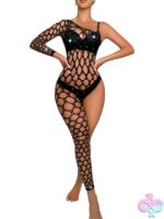 one shoulder mesh bodysuit black diamond cutout by Black Pearl Intimates
