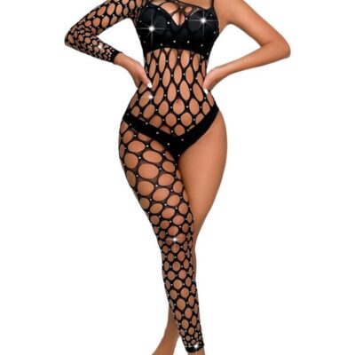 one shoulder mesh bodysuit black diamond cutout by Black Pearl Intimates