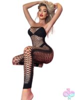 Black Pearl Fishnet Strapless Bodysuit Black - Image 4
