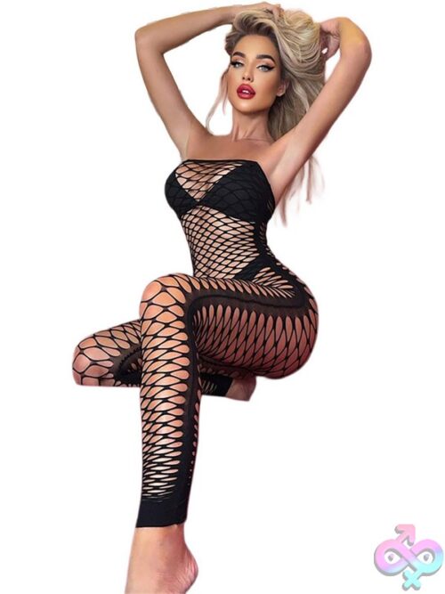 Black Pearl Fishnet Strapless Bodysuit Black - Image 4