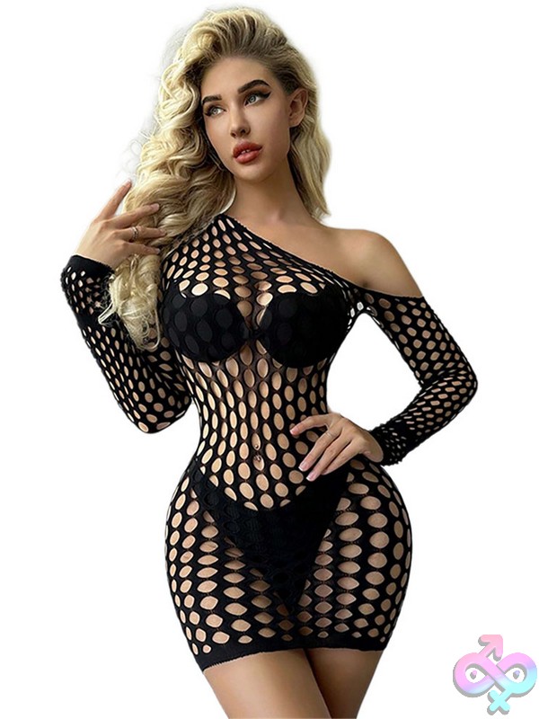 Discreet-Toys-Black-Pearl-Large-Pothole-Long-Sleeve-Dress-Black-Nu-Bp-7932-Black Open Weave Mini Dress Black Pearl Large Pothole Long Sleeve Dress Black