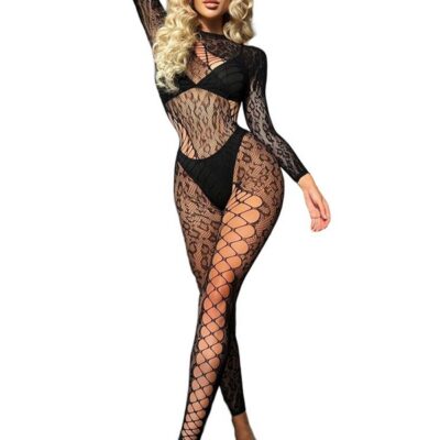 leopard lace catsuit black full-body stretch lace by Black Pearl Intimates