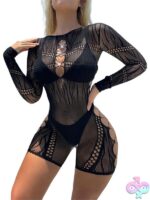 mesh romper lingerie black long sleeve side cut-outs by Black Pearl Intimates
